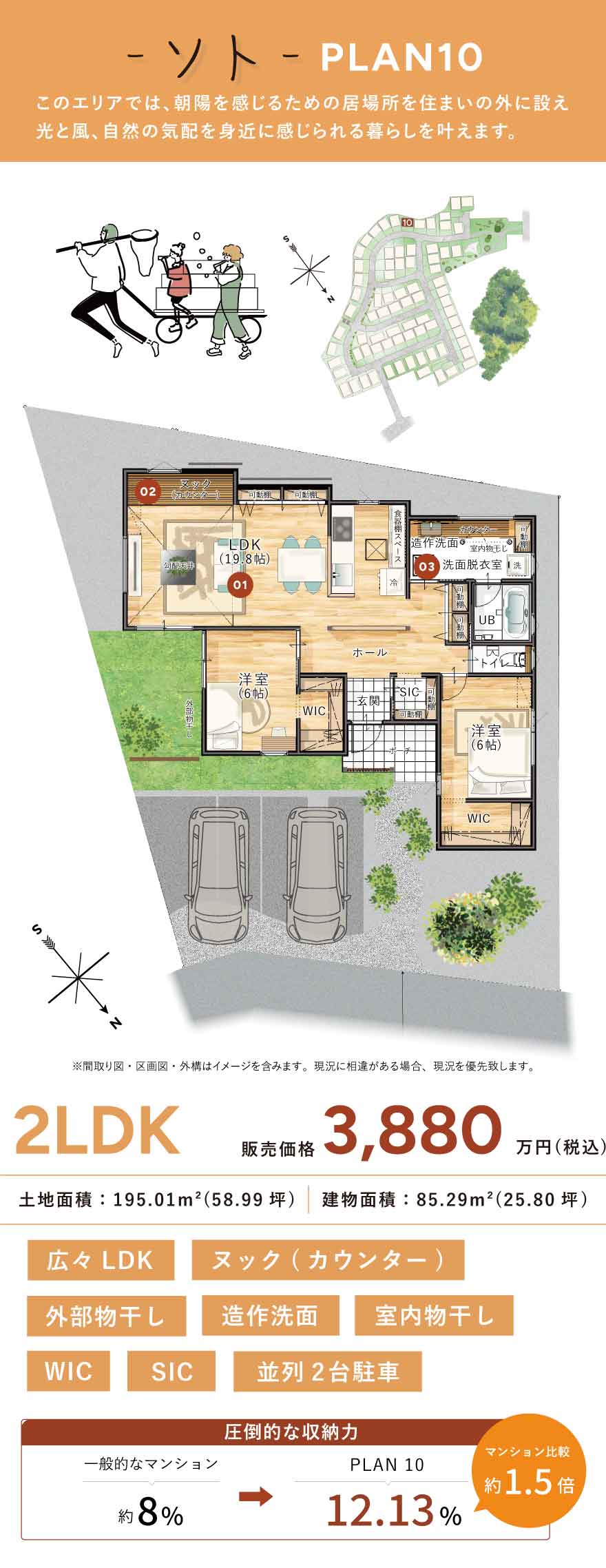 間取り画像1枚目「親子で楽しむ、収納上手な平屋の暮らし。」